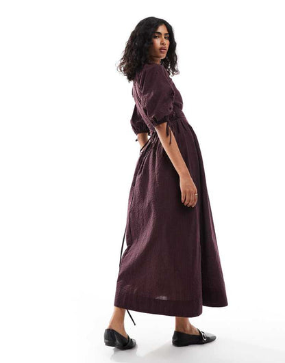 Midi tie waist dress in burgundy check print