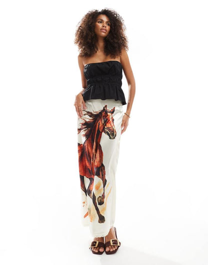 Satin bias midi skirt in horse print