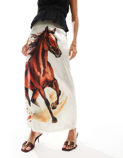 Satin bias midi skirt in horse print