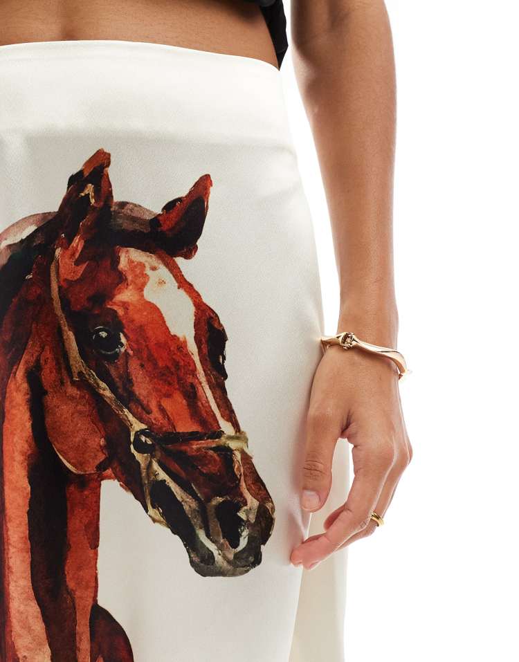 Satin bias midi skirt in horse print