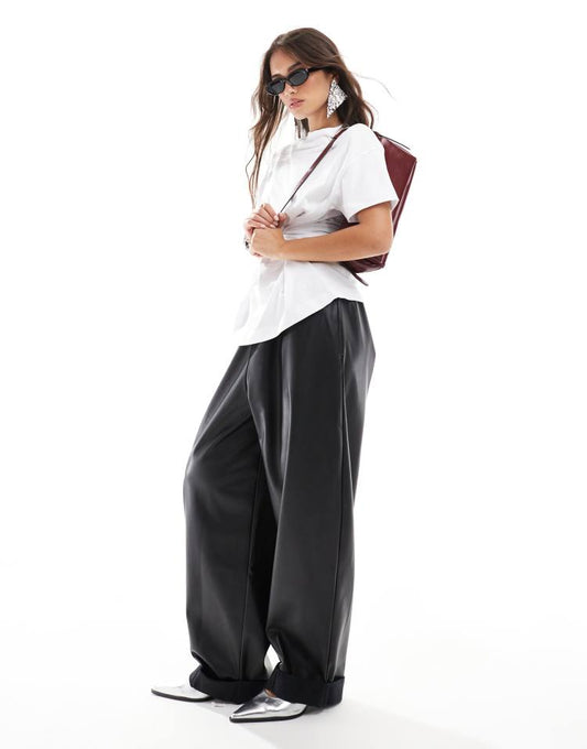 PU wide leg trousers in black