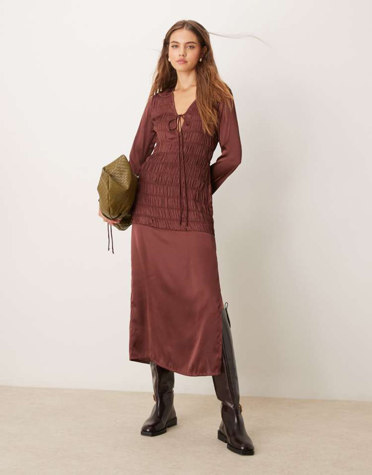 Ruched satin midi dress with tie front detail in chocolate brown