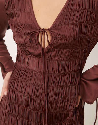 Ruched satin midi dress with tie front detail in chocolate brown