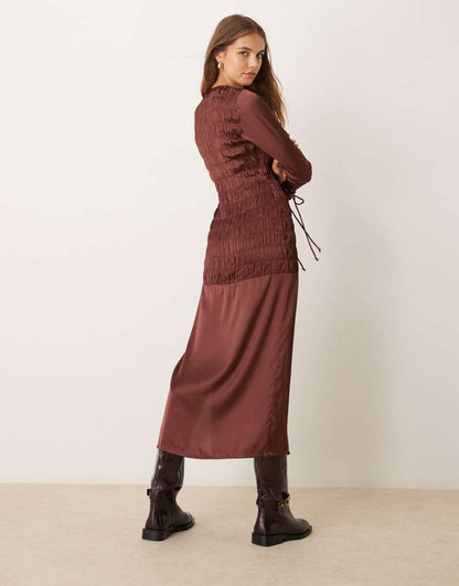 Ruched satin midi dress with tie front detail in chocolate brown