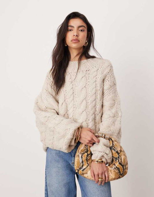 Oversized chunky hand knit cable jumper in Oat