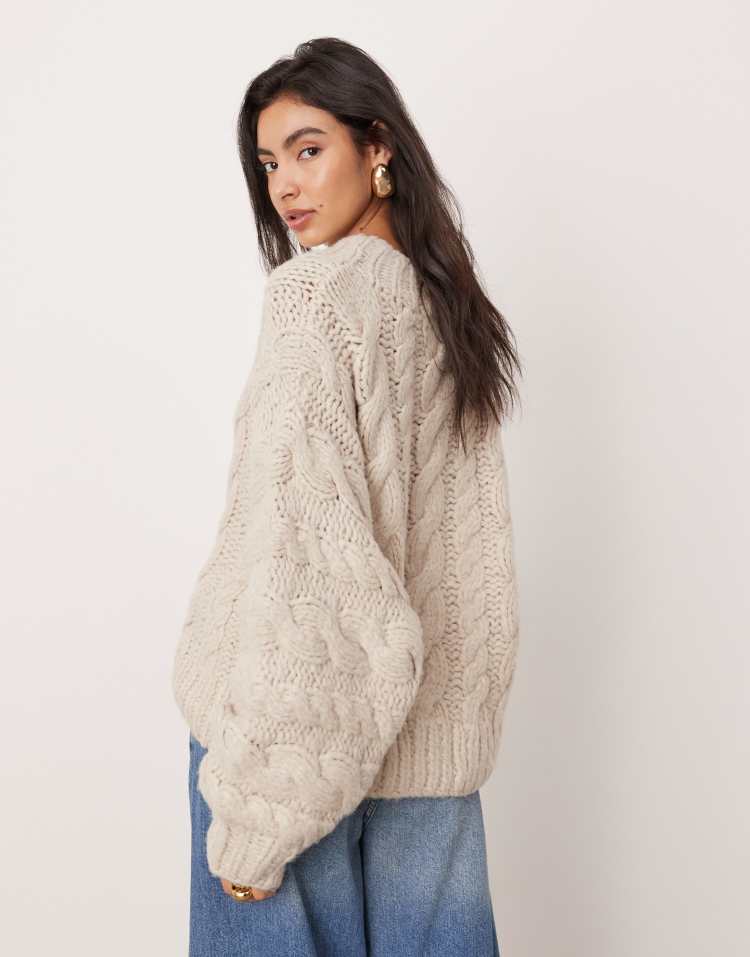 Oversized chunky hand knit cable jumper in Oat