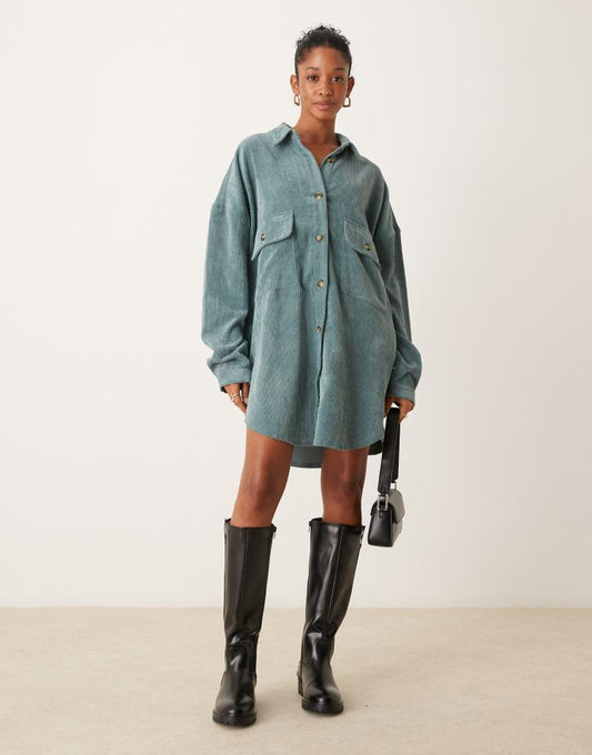 Cord oversized shirt dress with drop pocket in sea blue