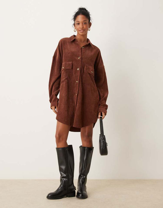 Cord oversized shirt dress with drop pocket in chocolate