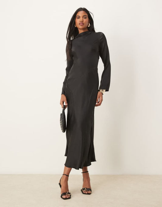 High neck seam detail satin maxi dress in black