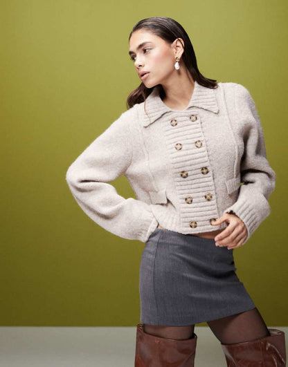 Knitted cardigan with collar and pocket detail in stone