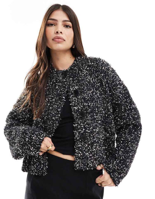 Crew neck cardigan with tinsel yarn in black