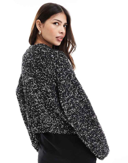 Crew neck cardigan with tinsel yarn in black