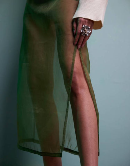 Organza sheer midi skirt in green