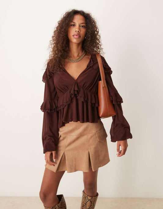 Ruffle detail mesh blouse with plunge neck in chocolate