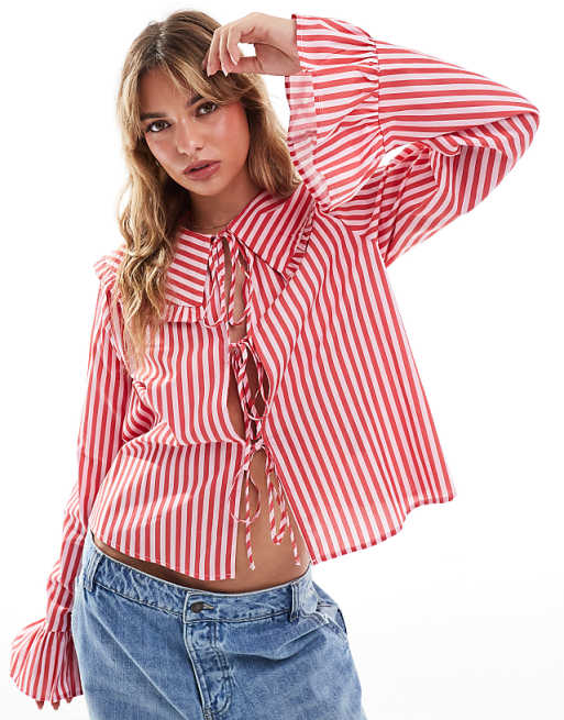 Pie crust collar long sleeve blouse in pink stripe