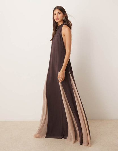 High neck chiffon maxi dress with contrast godet skirt in brown