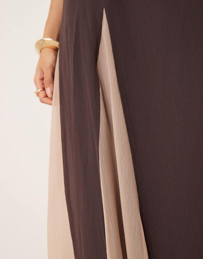 High neck chiffon maxi dress with contrast godet skirt in brown