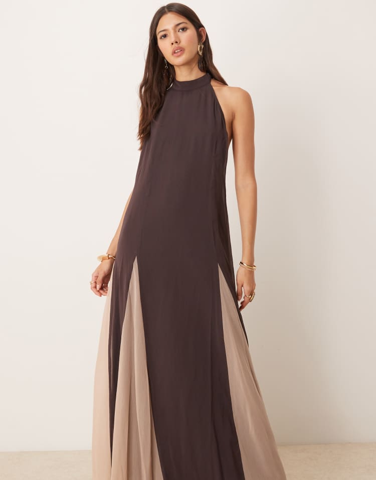 High neck chiffon maxi dress with contrast godet skirt in brown