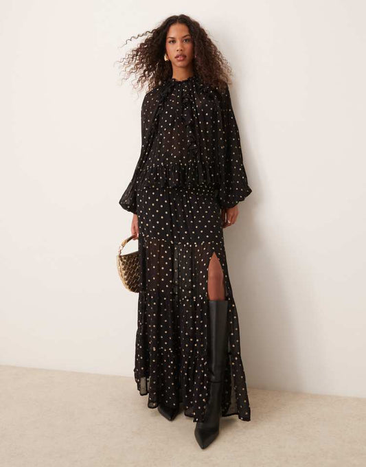 Metallic spot maxi skirt in black & gold