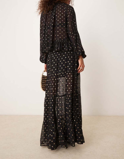 Metallic spot maxi skirt in black & gold