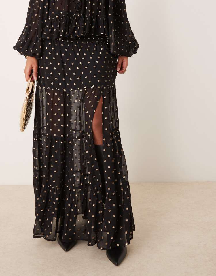 Metallic spot maxi skirt in black & gold