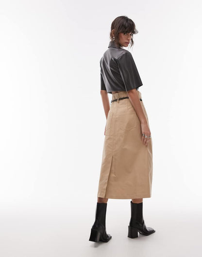 Deconstructed high waist belted skirt in stone