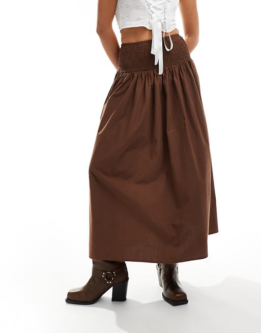 Poplin shirred waist maxi skirt in brown