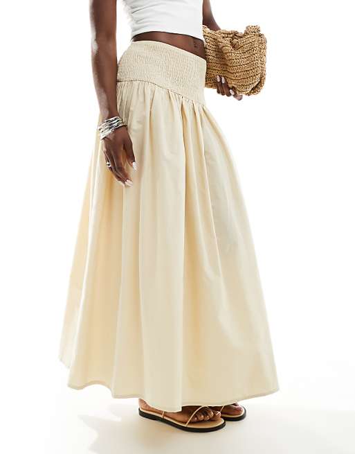 Poplin shirred waist maxi skirt in cream