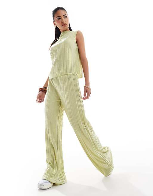 Wide leg mid rise plisse trousers co ord in sage green