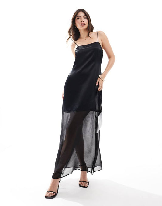 Satin chiffon mix maxi dress in black