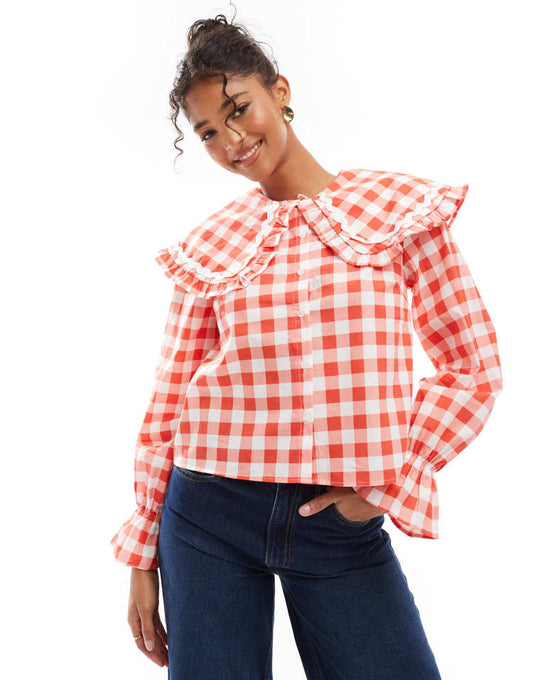 Oversized frill collar blouse in red gingham