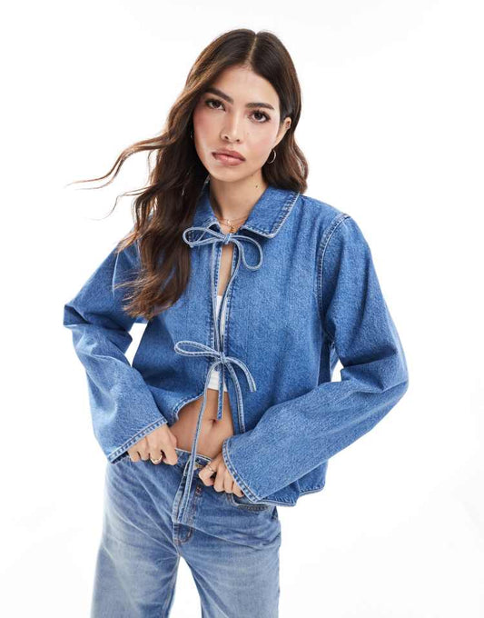 Denim bust detail top in mid blue