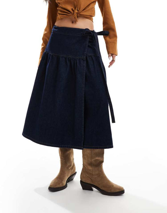 Denim awkward length wrap skirt in indigo