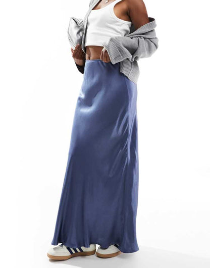 Satin bias cut maxi skirt in petrol blue