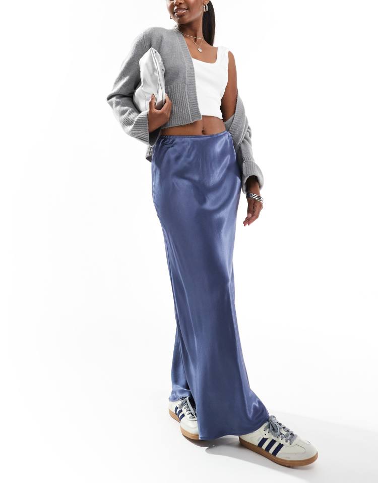 Satin bias cut maxi skirt in petrol blue