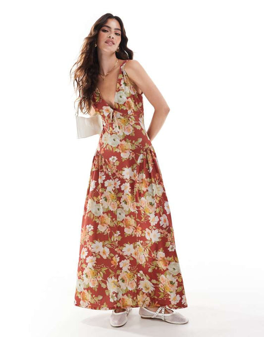 Tie front full skirt midi dress in deep red floral print