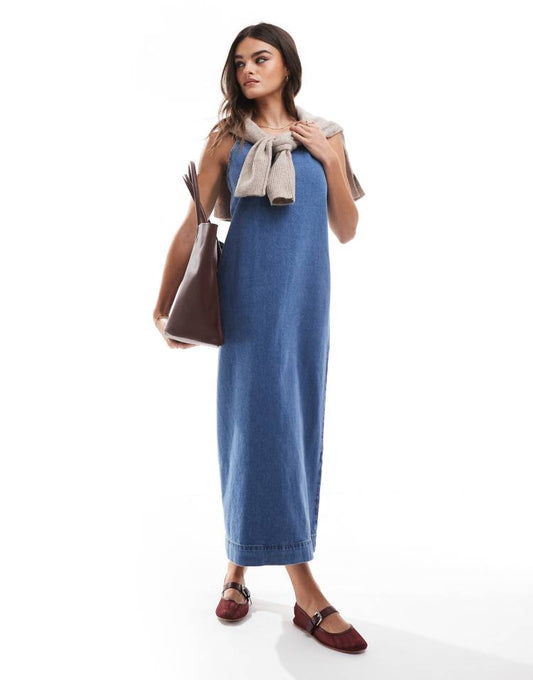 Denim bow strap maxi dress in indigo