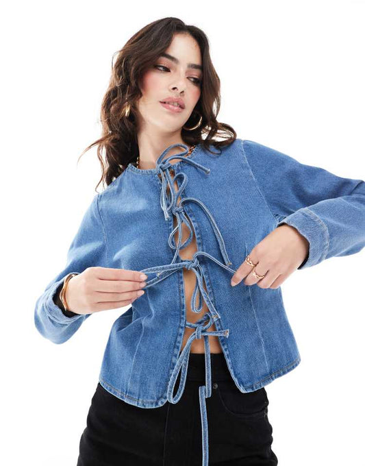 Denim long sleeve tie front top in mid blue