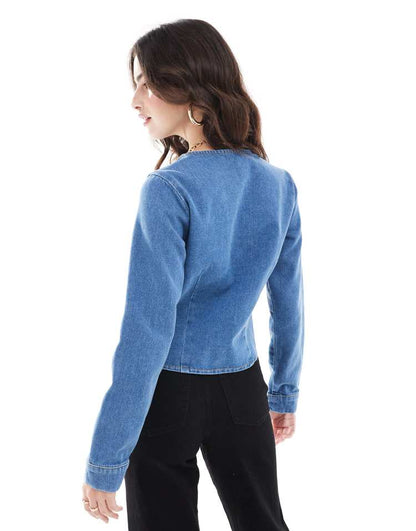 Denim long sleeve tie front top in mid blue