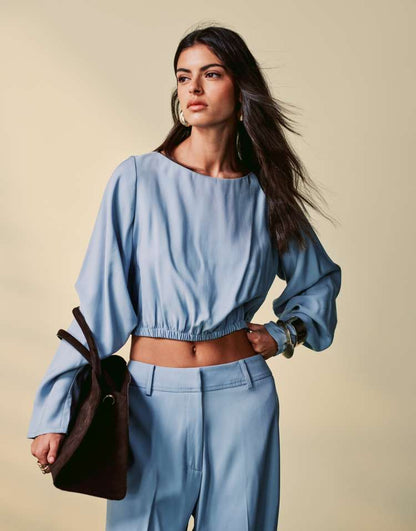 Pleat sleeve tailored top co-ord in blue