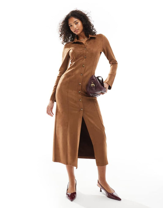 Suede button through long sleeve maxi dress in tan