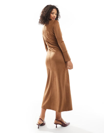 Suede button through long sleeve maxi dress in tan