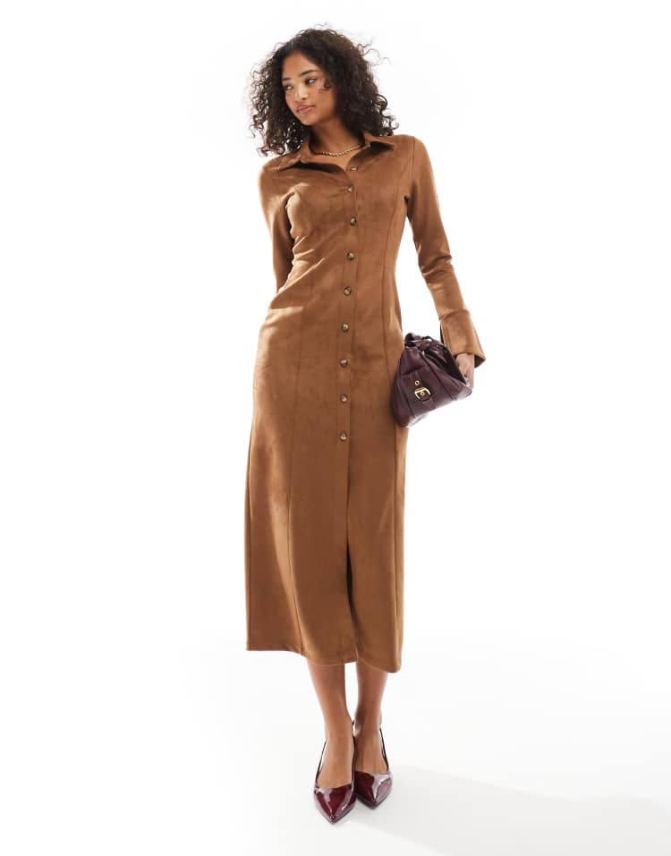 Suede button through long sleeve maxi dress in tan