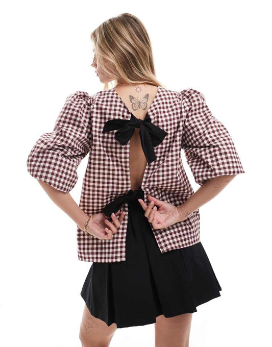 Poplin contrast bow back top in brown gingham