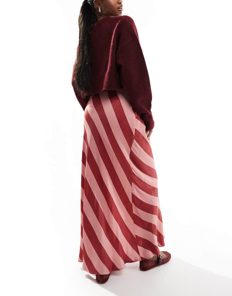 Satin bias maxi skirt in pink stripe