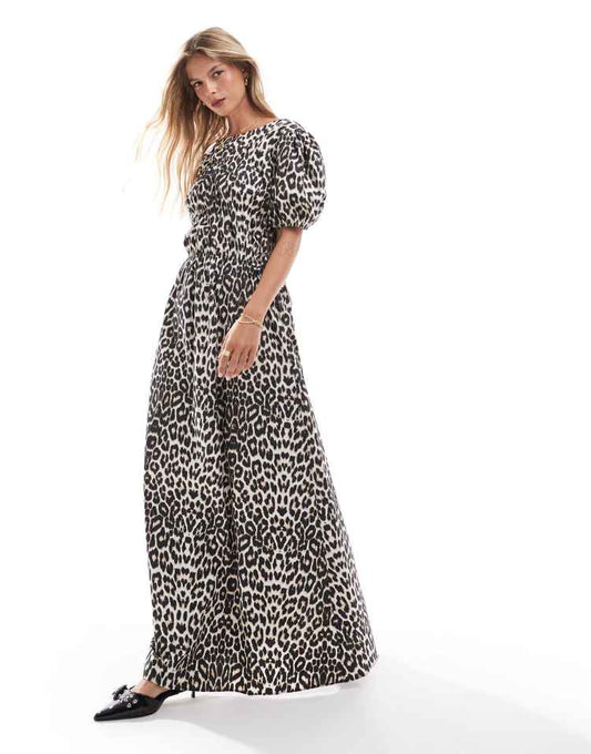 Poplin tie side shirred maxi dress in leopard print