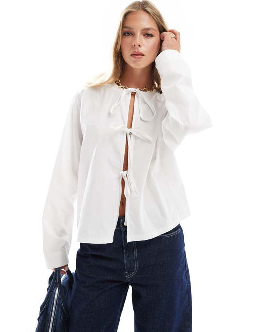 Poplin tie front long sleeve blouse in white