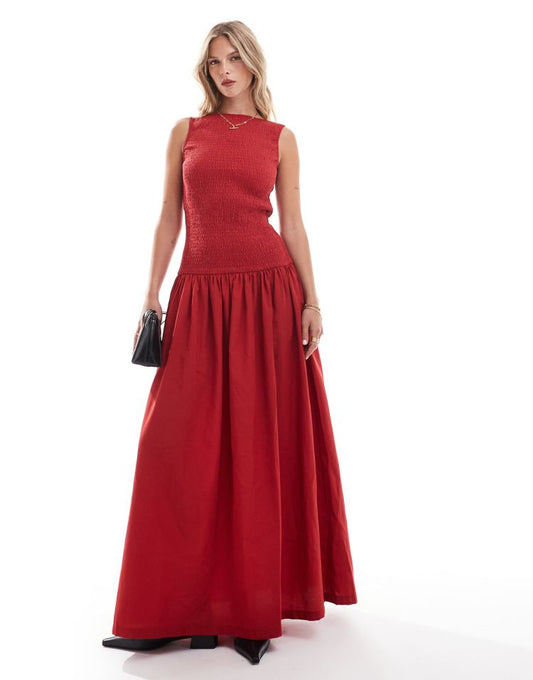 Poplin shirred drop waist maxi dress in red