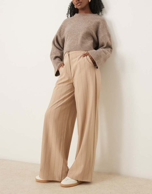 Tailored wide leg dad trousers in taupe stripe