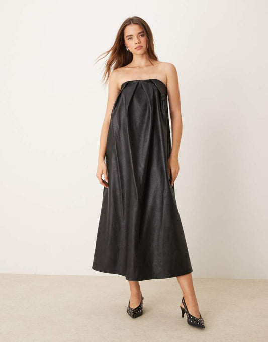 Leather look bandeau trapeze midi dress in black